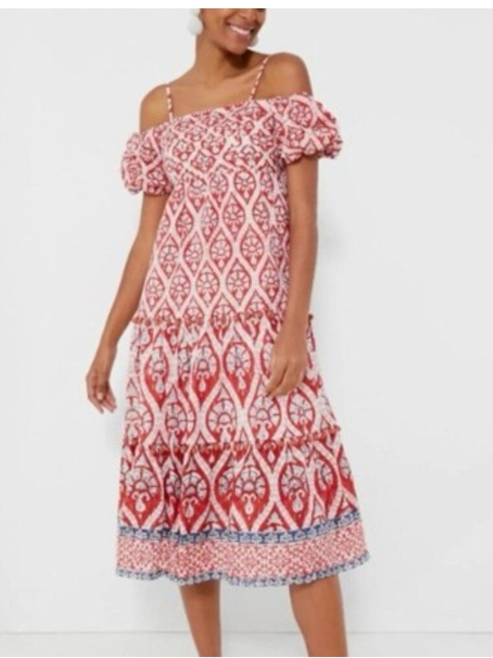 Off-Shoulder Red Printed Tiered Midi Dress